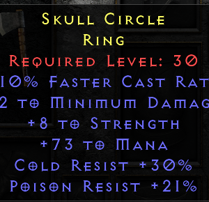 LLD Ring - 10 FCR 2 Min 8 Str 73 Mana 30 CR 21 PR - Non Ladder