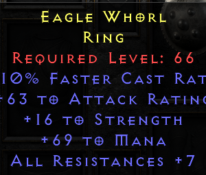 Eagle Whorl - 10 FCR 16 Mana 69 Mana 7 All Resist - Non Ladder