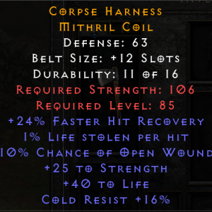 Corpse Harness - 24% FHR 10 % OW 25 Strength 40 Life 16 CR - Non Ladder