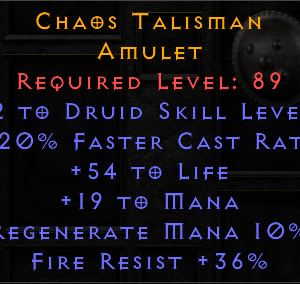 Chaos Talisman - +2 Druid 20 FCR 54 Life 36 Fire Resist - Non Ladder