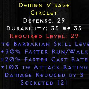 +1 Barbarian 30 R/w 20 FCR 103 Attack Rating 3 DR 2 socket - Non Ladder