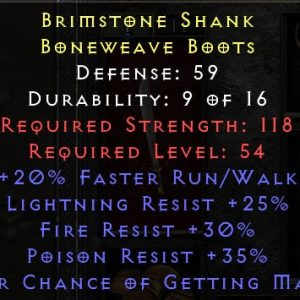 Brimstone Shank - 20 FRW 25 LR 30 FR 35 PR 25% Magic Find - Boots