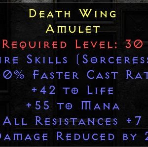 Death Wing - 2 Fire Skills 10 FCR 42 Life 55 Mana 7 All Res 2 DR - LLD - Non Ladder