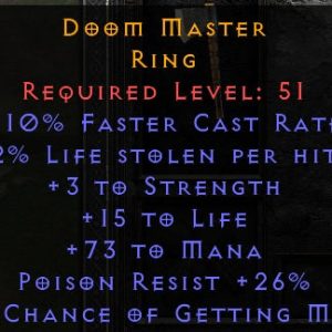 Doom Master - 10 FCR 3 Str 15 Life 73 Mana 26 PR 9% MF - Non Ladder
