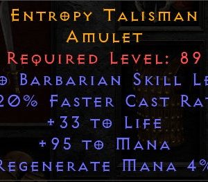 Entropy Talisman - 2 Barb 20 FCR 33 Life 95 Mana - Non ladder