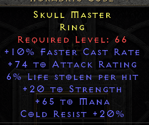 Skull Master - 10 FCR 74 AR 6 LL 20 STR 65 Mana 20 CR - Non Ladder