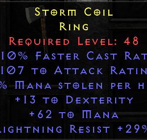 Storm Coil - 10 FCR 107 Attack Rating 4 ML 13 Dexterity 62 Mana 29 LR - Non Ladder